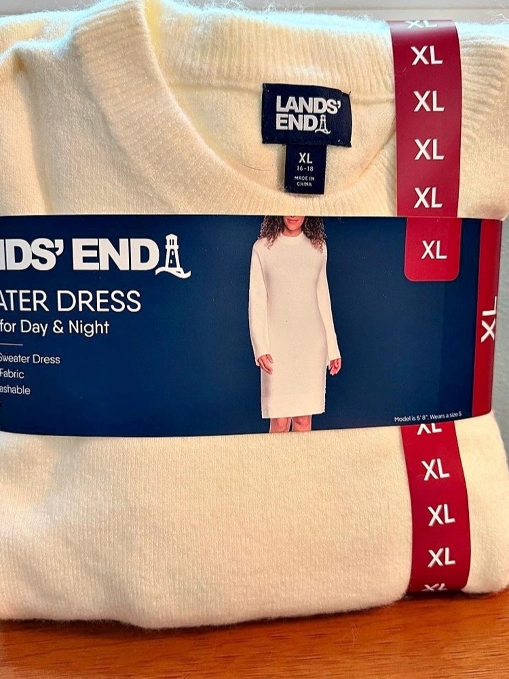 Lands' End Long Sleeve Relaxed Fit Crewneck Sweater Dress Crewneck Cream Midi XL